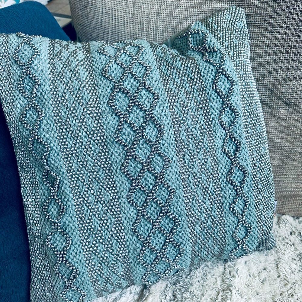 Devi Designs Boho Diamond Teal Blue Gray Fabric Throw Pillow